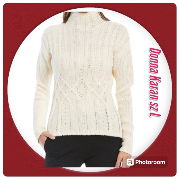 Donna Karan Embellished Cable Knit Mock Turtle Neck Wool Blend Thick Sweater - Picture 1 of 14